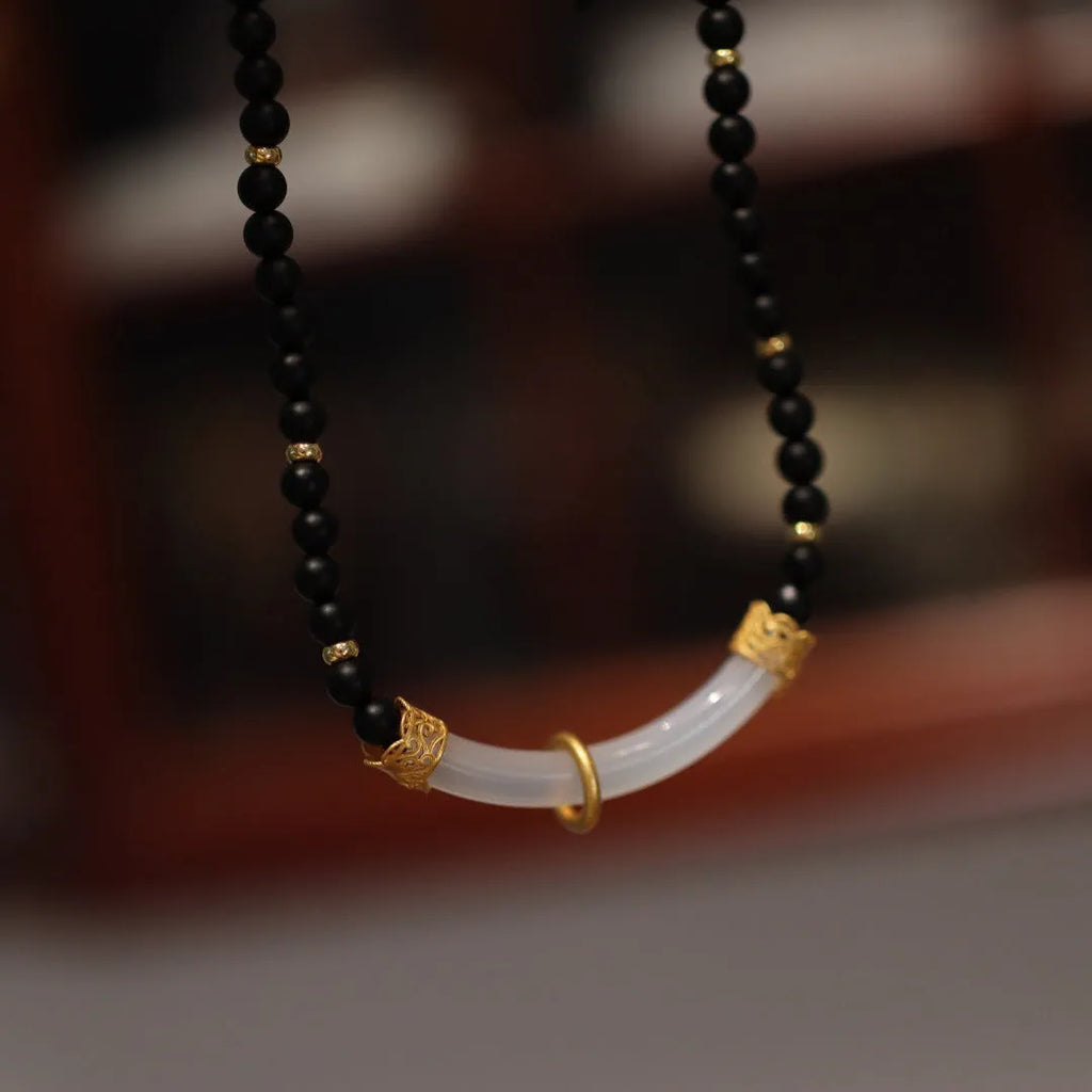Natural frosted black agate and white chalcedony pendant necklace with 925 silver U-shaped setting on ball bead chain