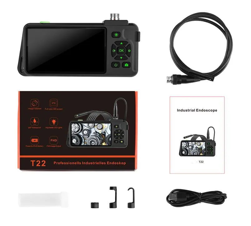 Handheld industrial endoscope with 4.5-inch screen and 5.5mm camera probe for automotive inspection