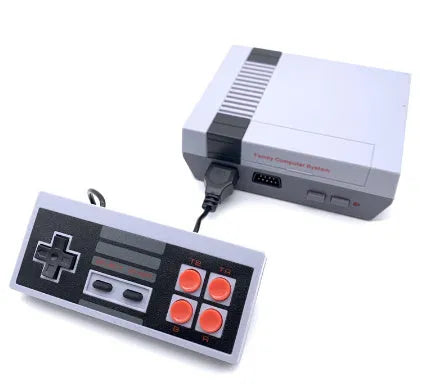 NES retro game console with two controllers, power supply, and AV cable on dark surface