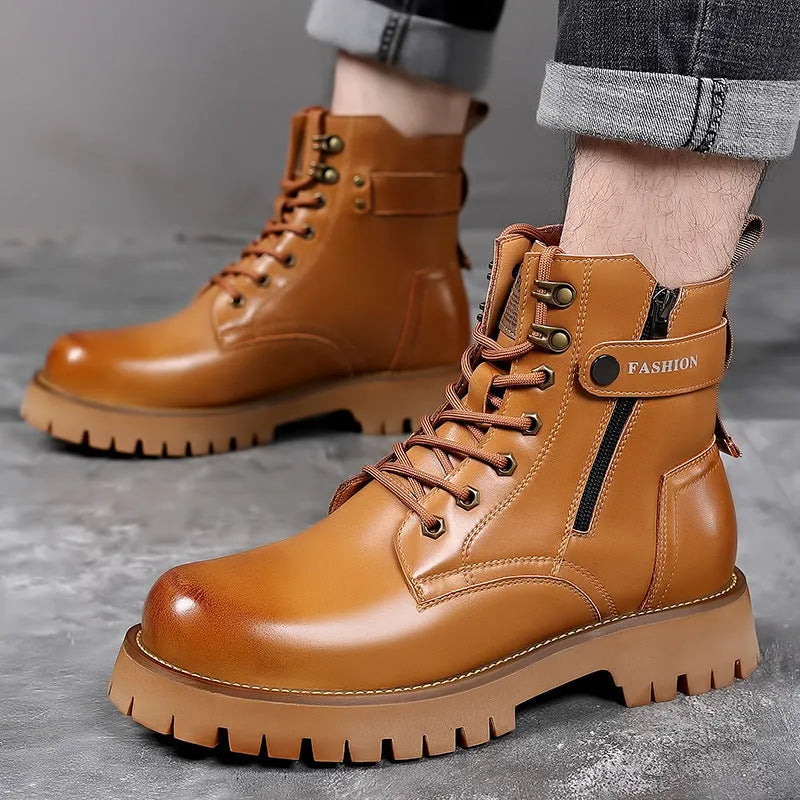 Men's light brown Martin boots with side zipper and thick rubber soles