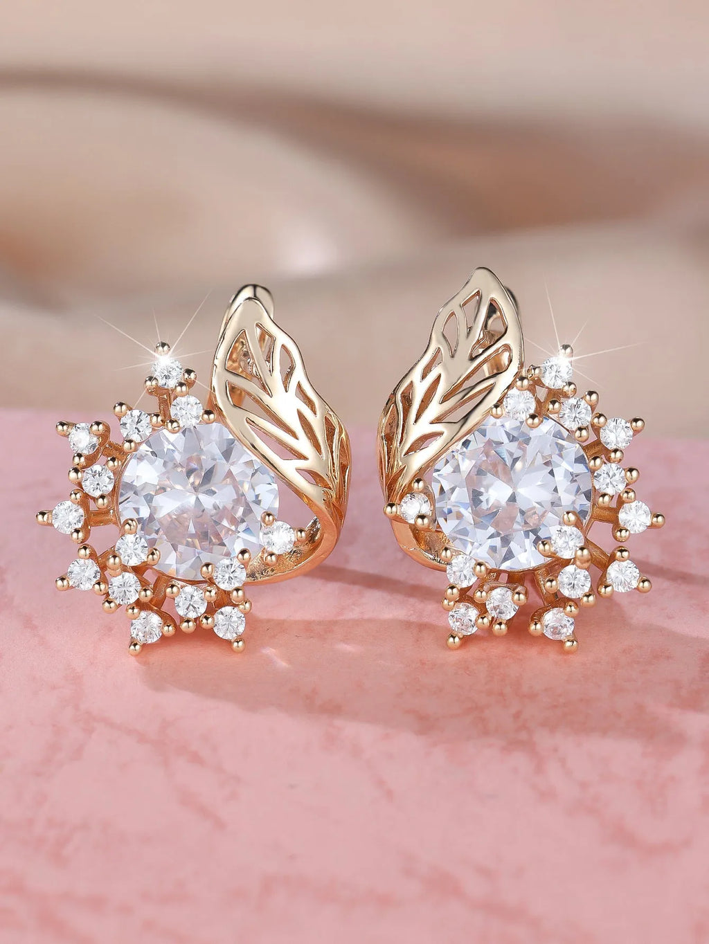 Women's round flowers feather zircon earrings with champagne gold electroplating and six gemstone colour options