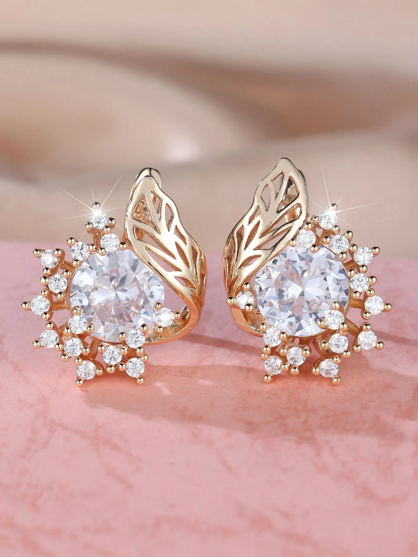 Women's round flowers feather zircon earrings with champagne gold electroplating and six gemstone colour options