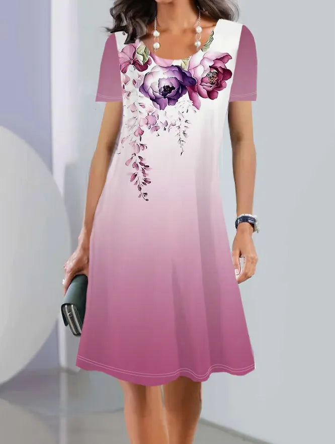 Women's mid-length A-line dress with plant and flower print in ice silk fabric for spring and summer