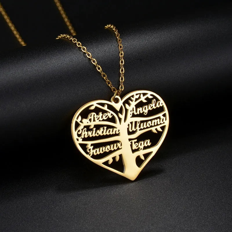 Custom stainless steel necklace with hollow heart, letter, and lucky tree pendant, available in silver, gold, rose gold.