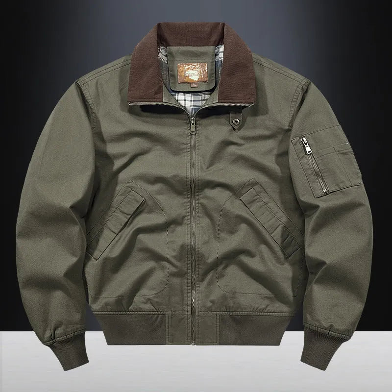 Men's plus size washed cotton baseball flight jacket in camel colour