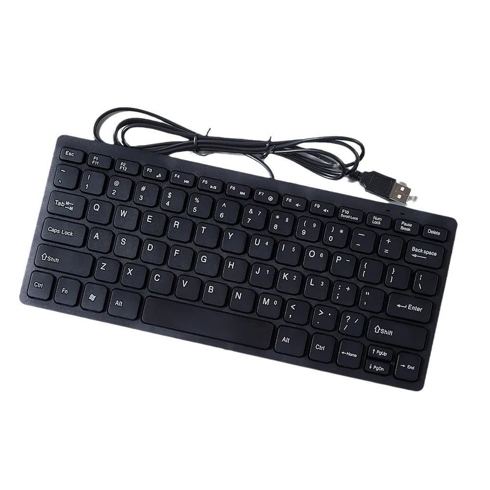 Mini wired USB computer keyboard in black, white, pink, or blue colour options.