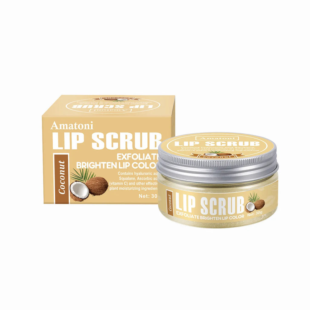 Amatoni lip scrub cream in 30g container with coconut, raspberry, vanilla, and watermelon flavour options