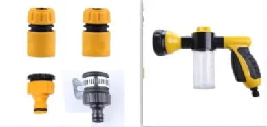 Green high pressure foam spray gun with adjustable nozzle for car washing and household cleaning.