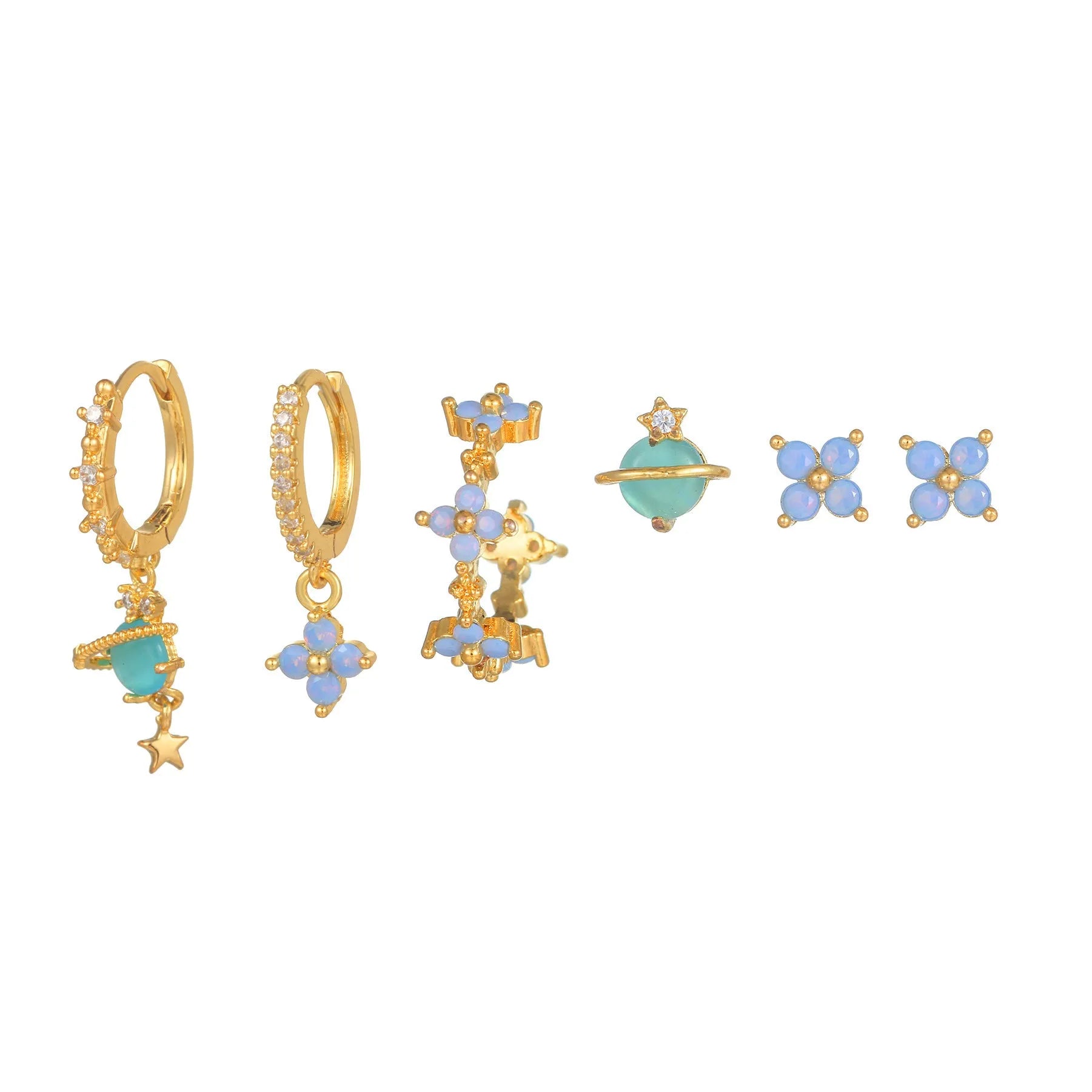 Floral ear studs with zircon accents in gold or silver finish, Japanese Korean style design