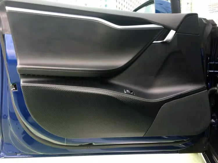 Carbon fibre protective film for Tesla Model S door interior control panels in 4-piece set