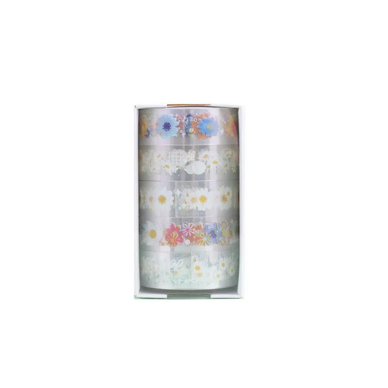 Five rolls of transparent adhesive tape with Midsummer Daisy cartoon decoration on a clear background.