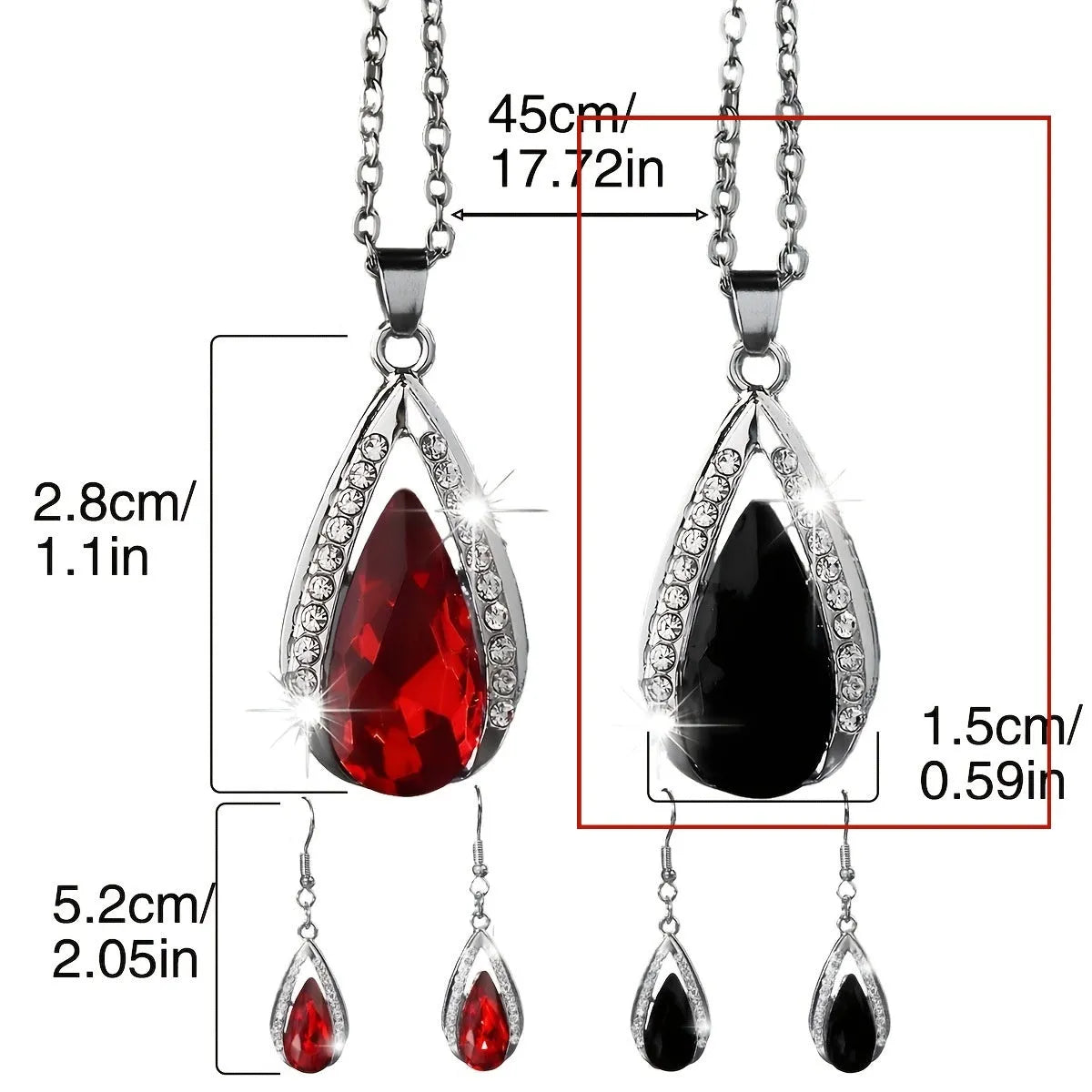 Black and red teardrop glass pendant necklace and matching earrings jewellery set