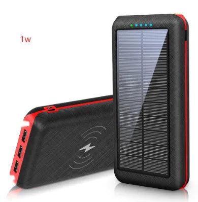Black wireless solar power bank with Qi charging pad, three USB ports and an LED flashlight
