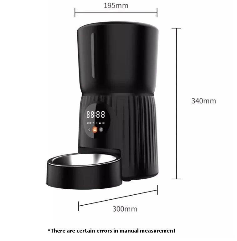 Black automatic pet feeder with food container and digital display