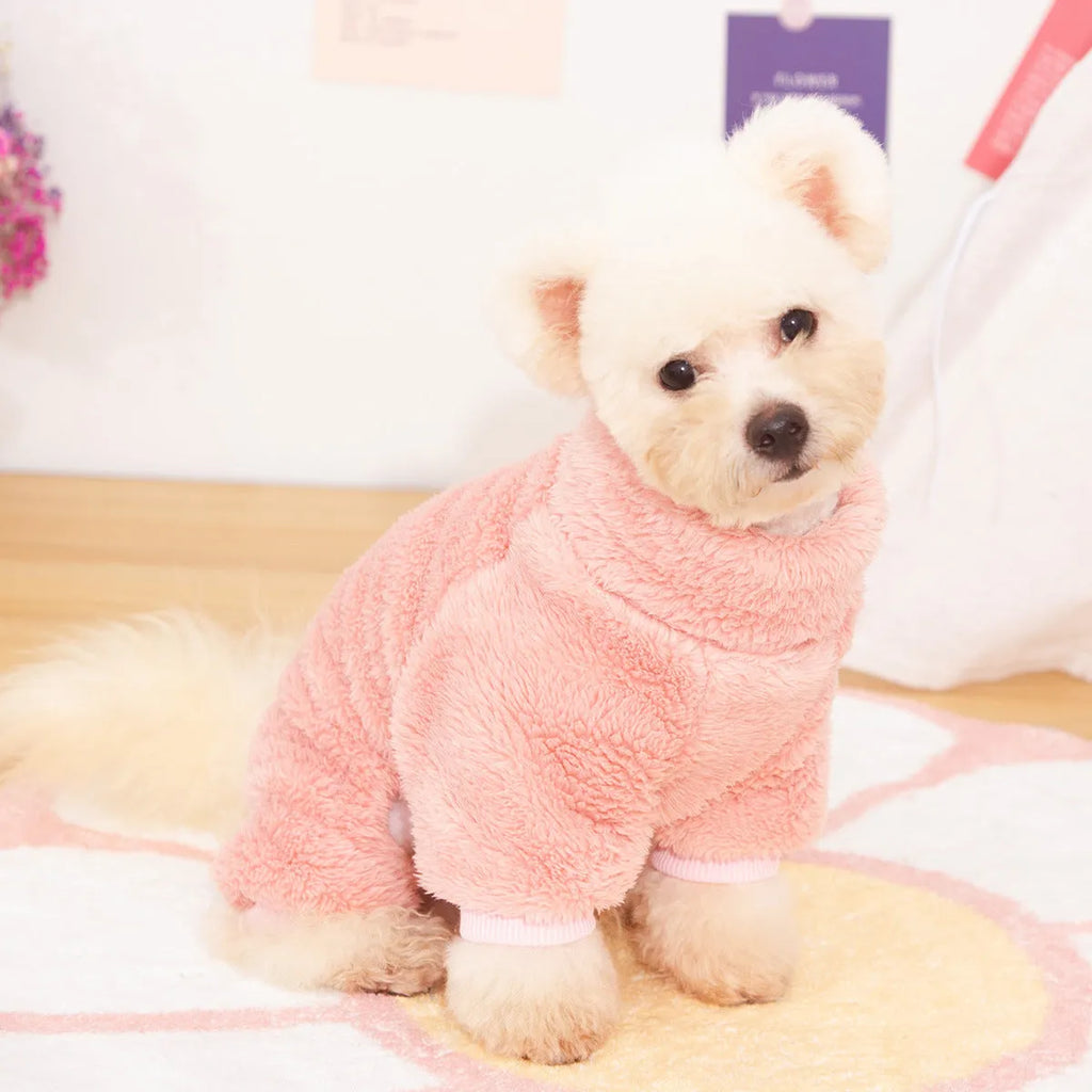 Double-sided thick plush dog clothes with high collar and towing ring in khaki pink or blue