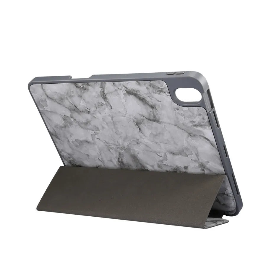 Tri-fold marbling imitation leather iPad case with a stylus pen slot in dark grey