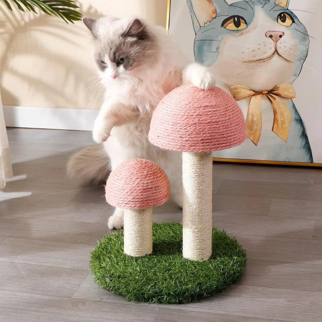Pink mushroom-shaped cat scratching post with natural sisal fabric on mushroom cap and pole