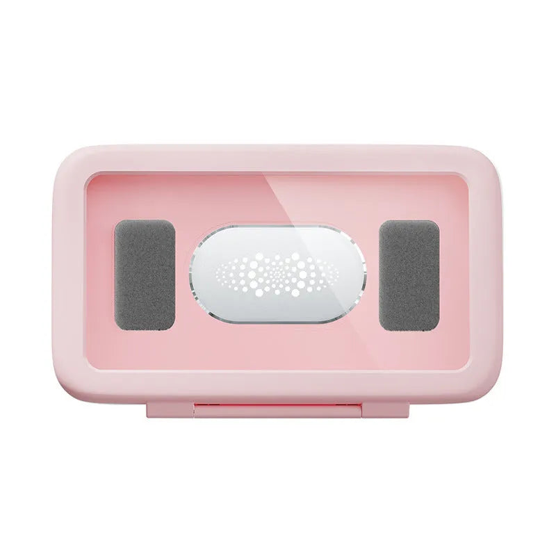White waterproof phone holder mounted on bathroom tile with phone visible inside
