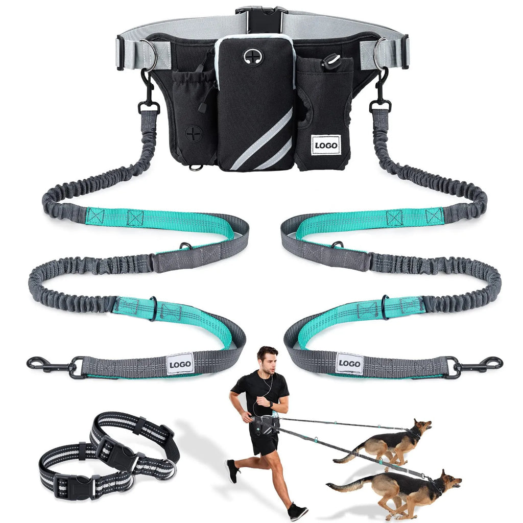 Black nylon outdoor pet training waist bag set with adjustable dog walking leash for hands-free control