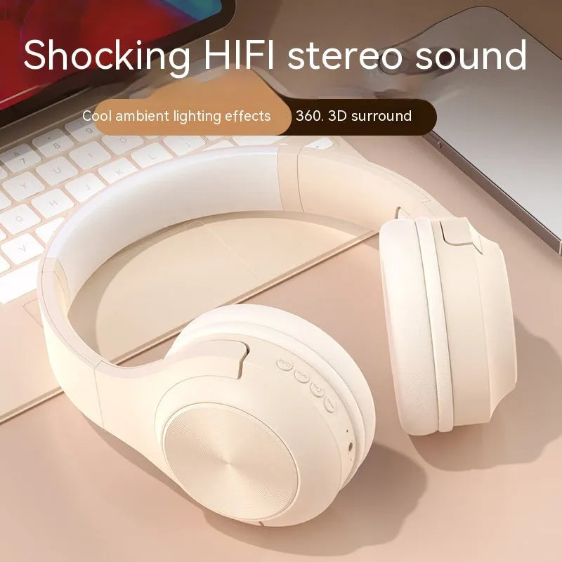 Creative design wireless Bluetooth headset in ivory white, shown in a head-mounted wearing style.