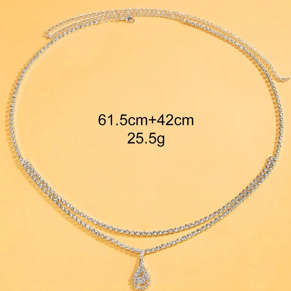 Gold and silver waist chain with water drop pendant and rhinestone decoration for women