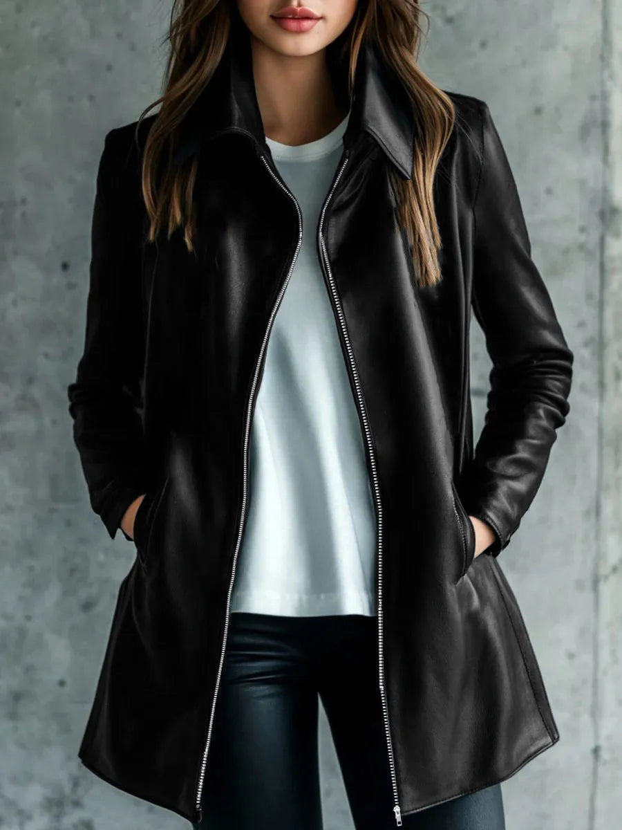 Black women's leather-style polyester jacket with medium 65cm length on a hanger.
