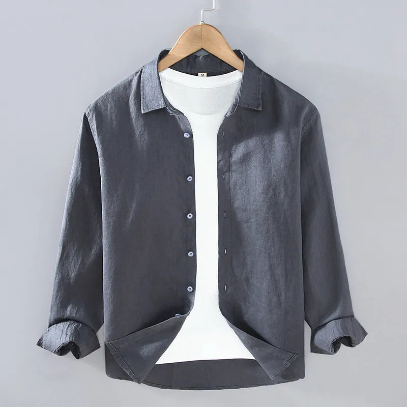 Men's pure linen simple cardigan shirt in a solid colour with long sleeves.