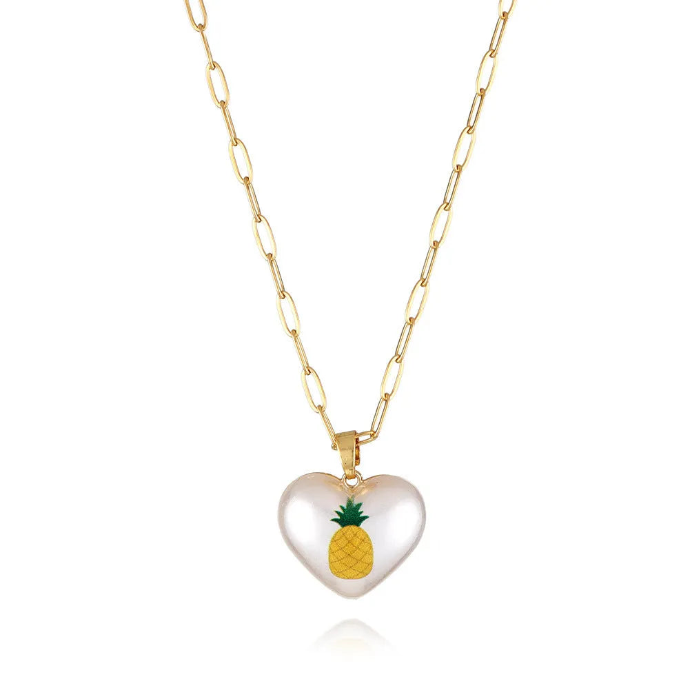 Adjustable girls necklace with a choice of apple, cherry, pear, pineapple, or strawberry heart-shaped pendant.