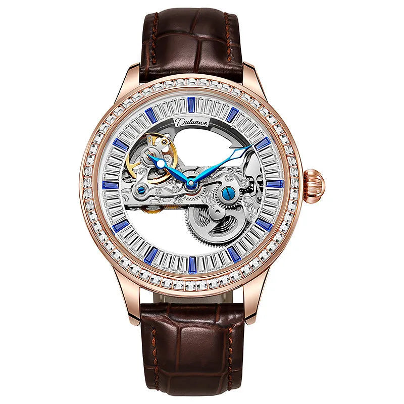 Men's luxury zircon mechanical watch with a choice of black leather or rose gold steel strap, showing onion crown and transparent case back.