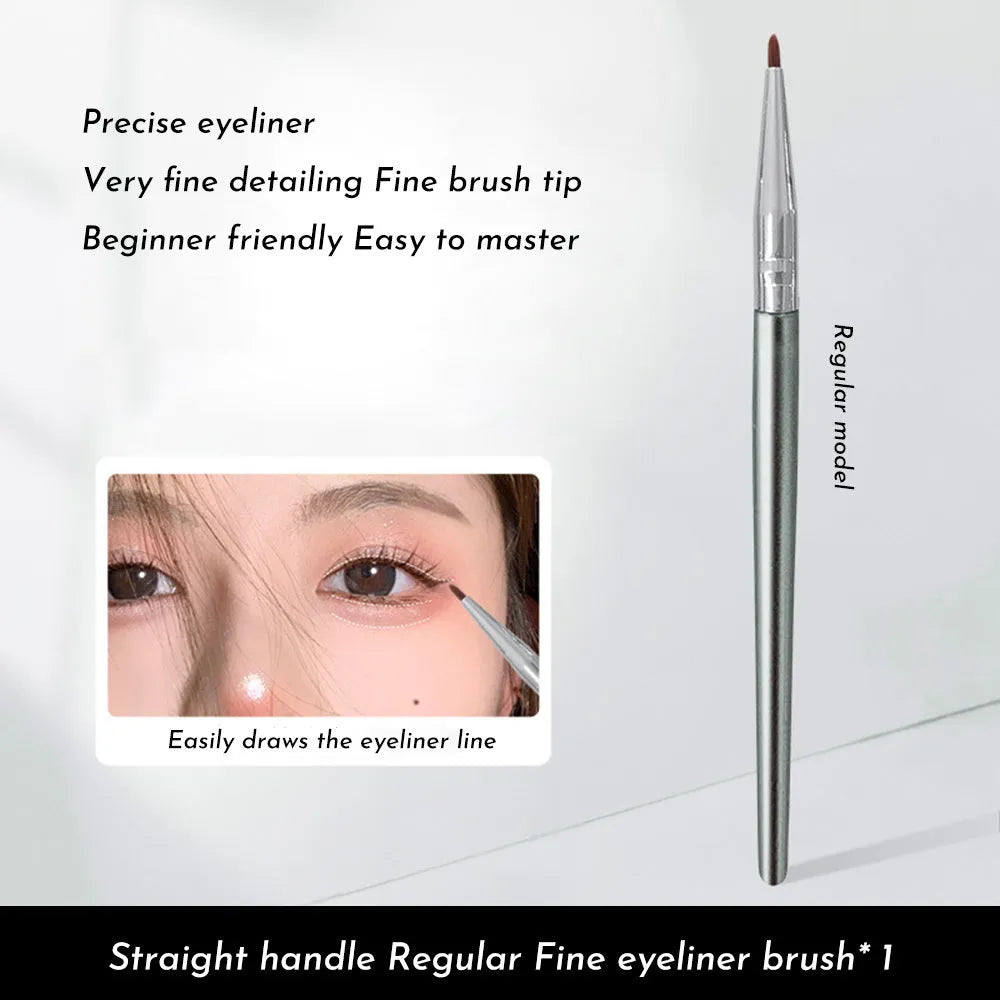 Angle view of a bend head fine tip eyeliner makeup brush for detailed eye application.