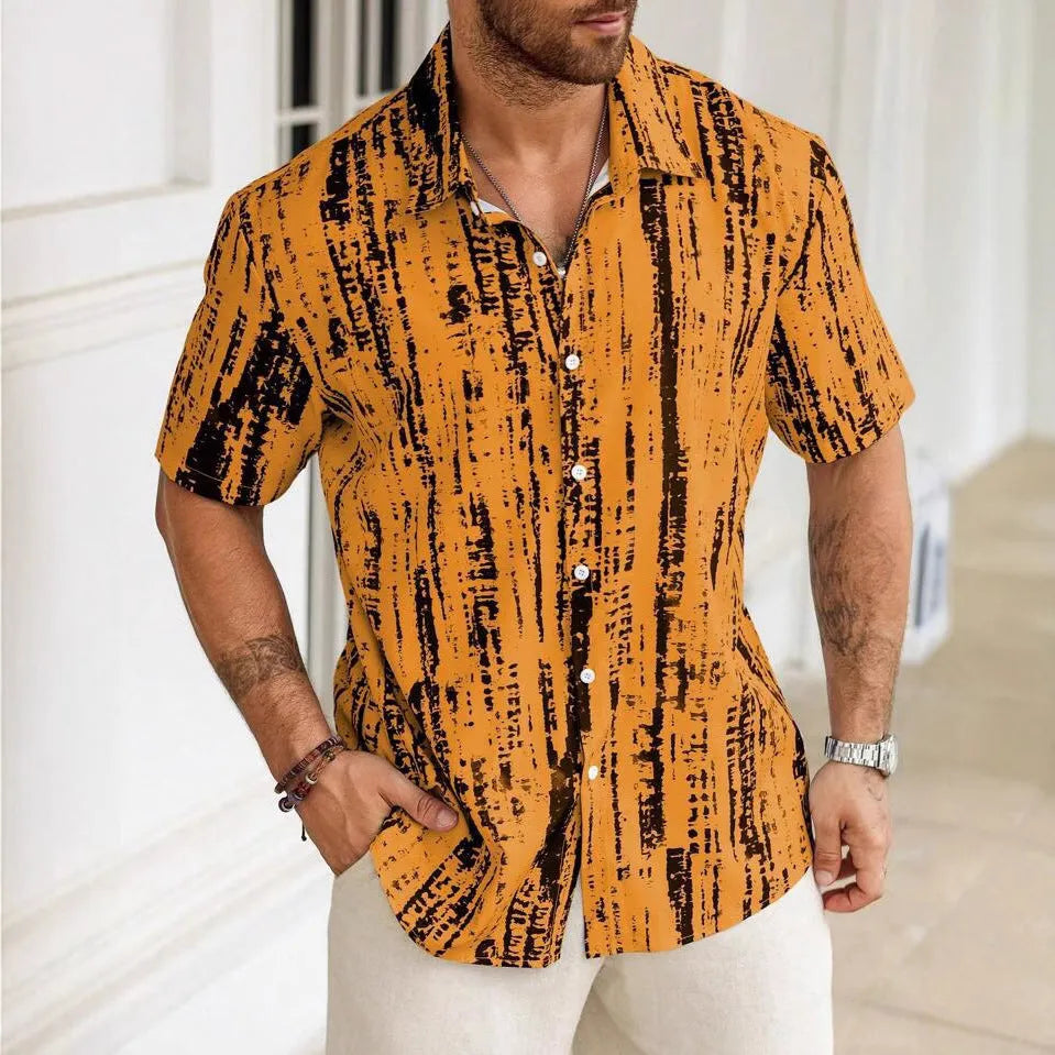 Men's 3D printed stripe pattern short sleeve shirt in polyester fabric