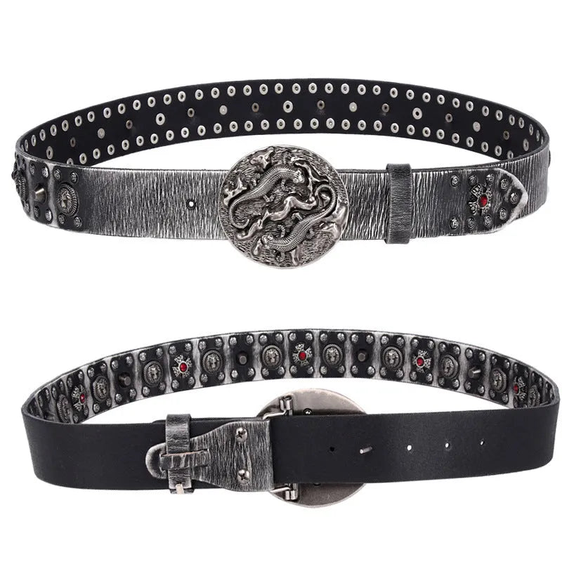 Men's black leather belt with punk-style alloy buckle featuring rivet details, laid flat showing length.