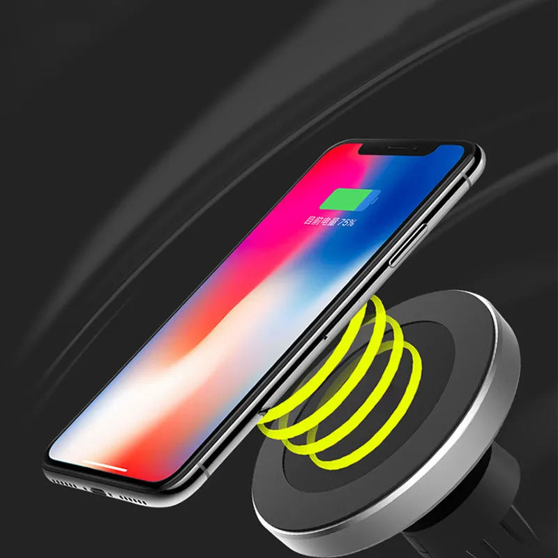 Magnetic car wireless charger with 10W fast charging, black finish, cigarette lighter power, and magnetic phone holder