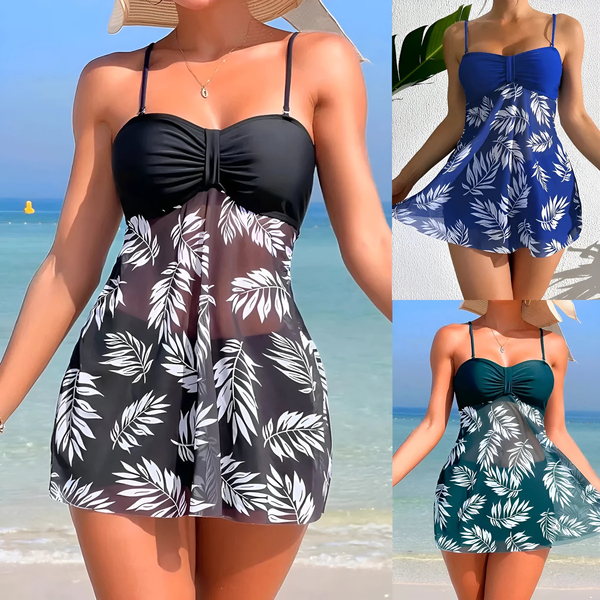 Women's high-waist mesh swimsuit briefs in black, blue, and peacock green on a white background.
