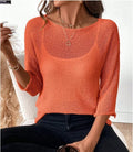 Women's off-shoulder knitted pullover top in lavender purple with a 3D pattern and 3/4 length sleeves.