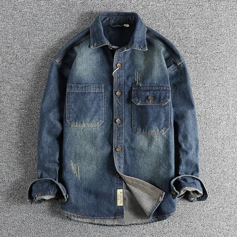 Men's light blue vintage washed denim shirt with loose fit and cardigan style