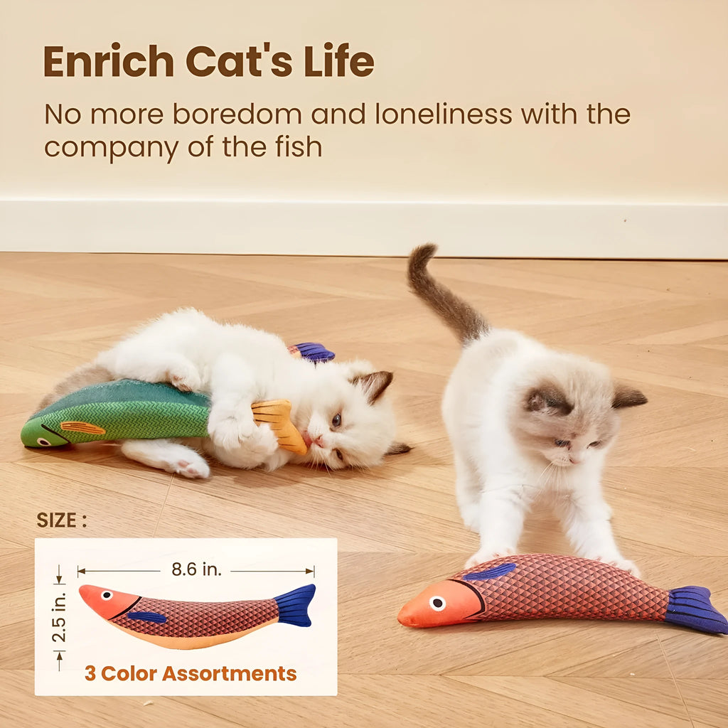 Soft plush catnip fish toy in bright colours measuring 24cm for interactive cat play