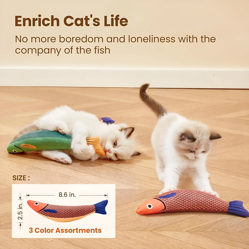 Soft plush catnip fish toy in bright colours measuring 24cm for interactive cat play