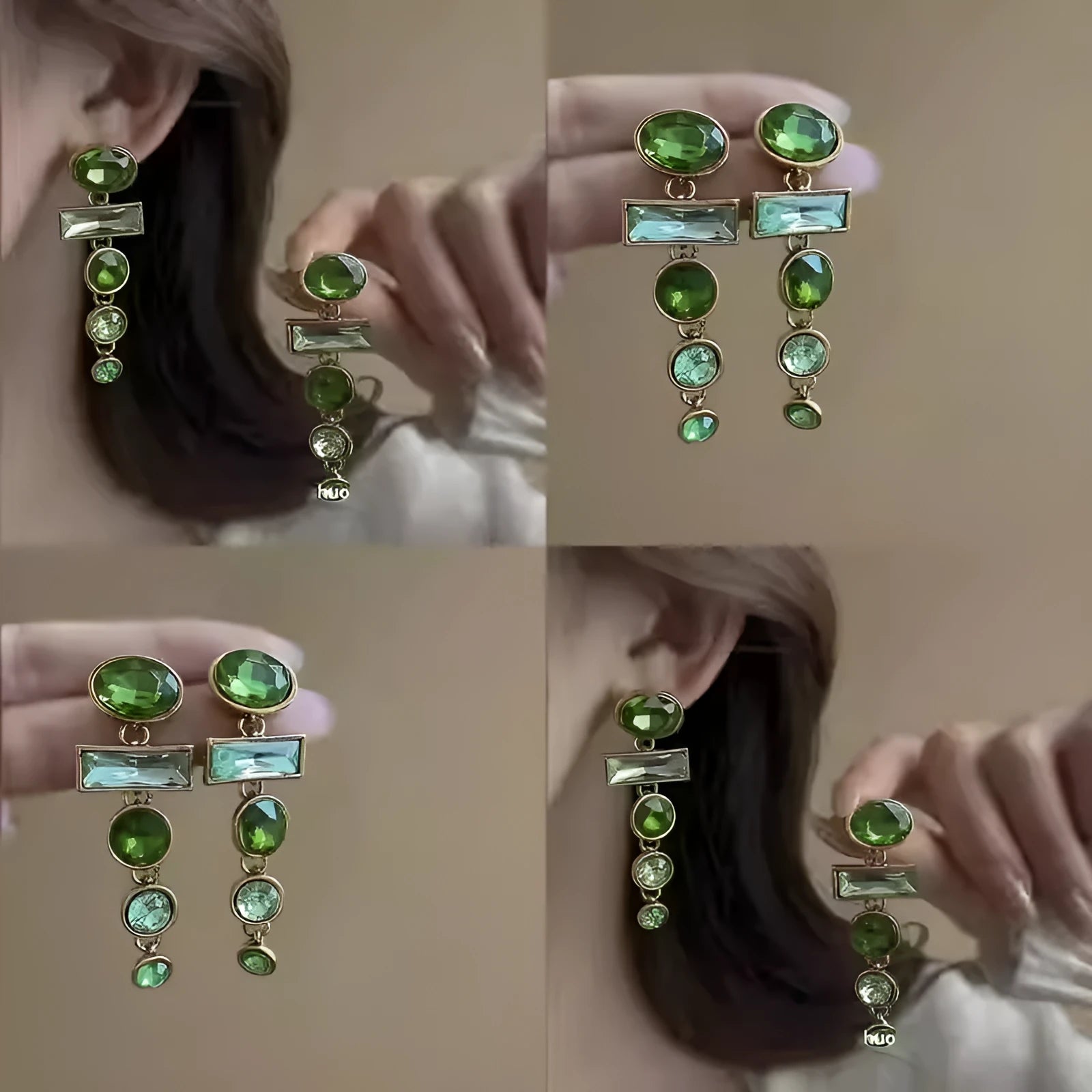 Green gradient geometric Chinese style alloy earrings with zircon inlay and tassel detailing