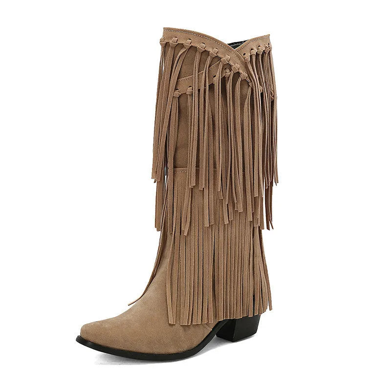 Women's suede high boots with chunky heel and tassel detail in multiple colours