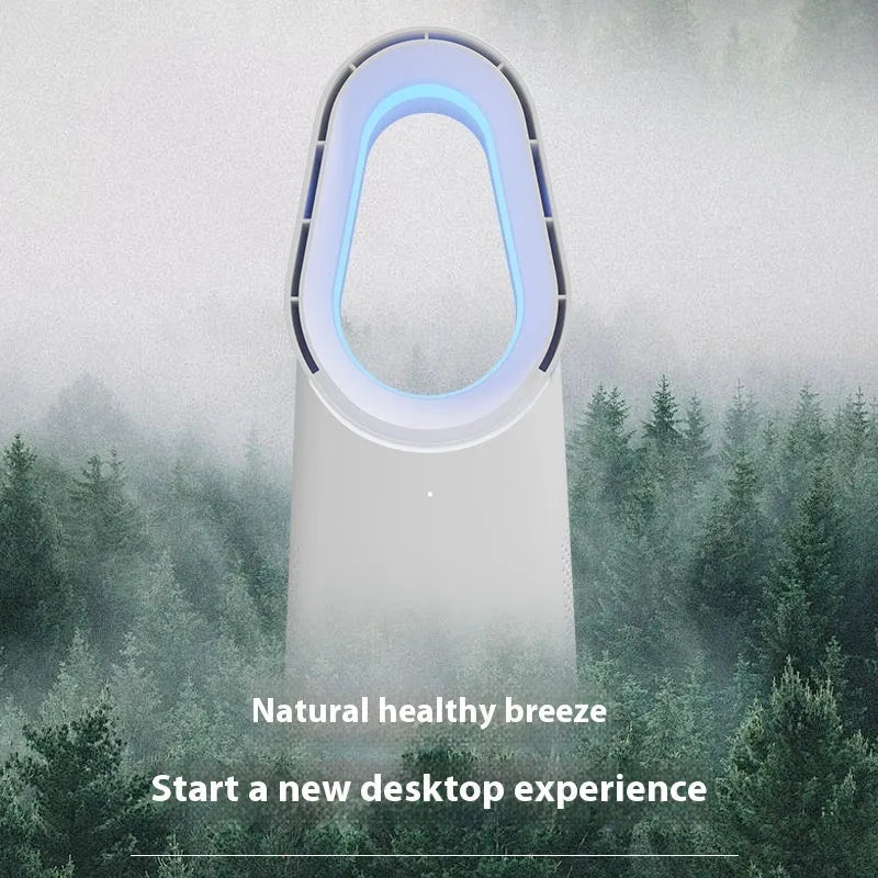 SK white bladeless tower fan with remote control placed on a wooden floor.