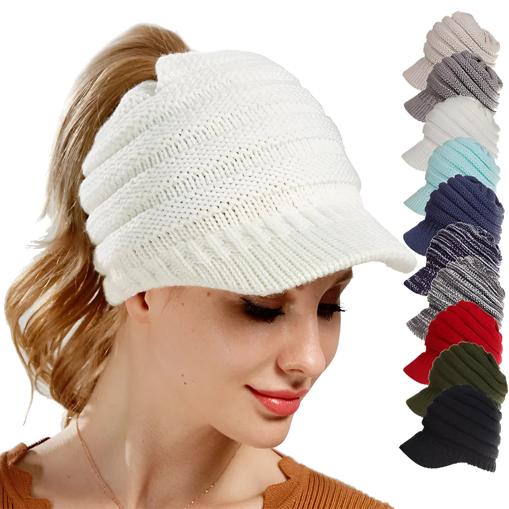 Women's acrylic knitted ponytail beanie hat in multiple colour options
