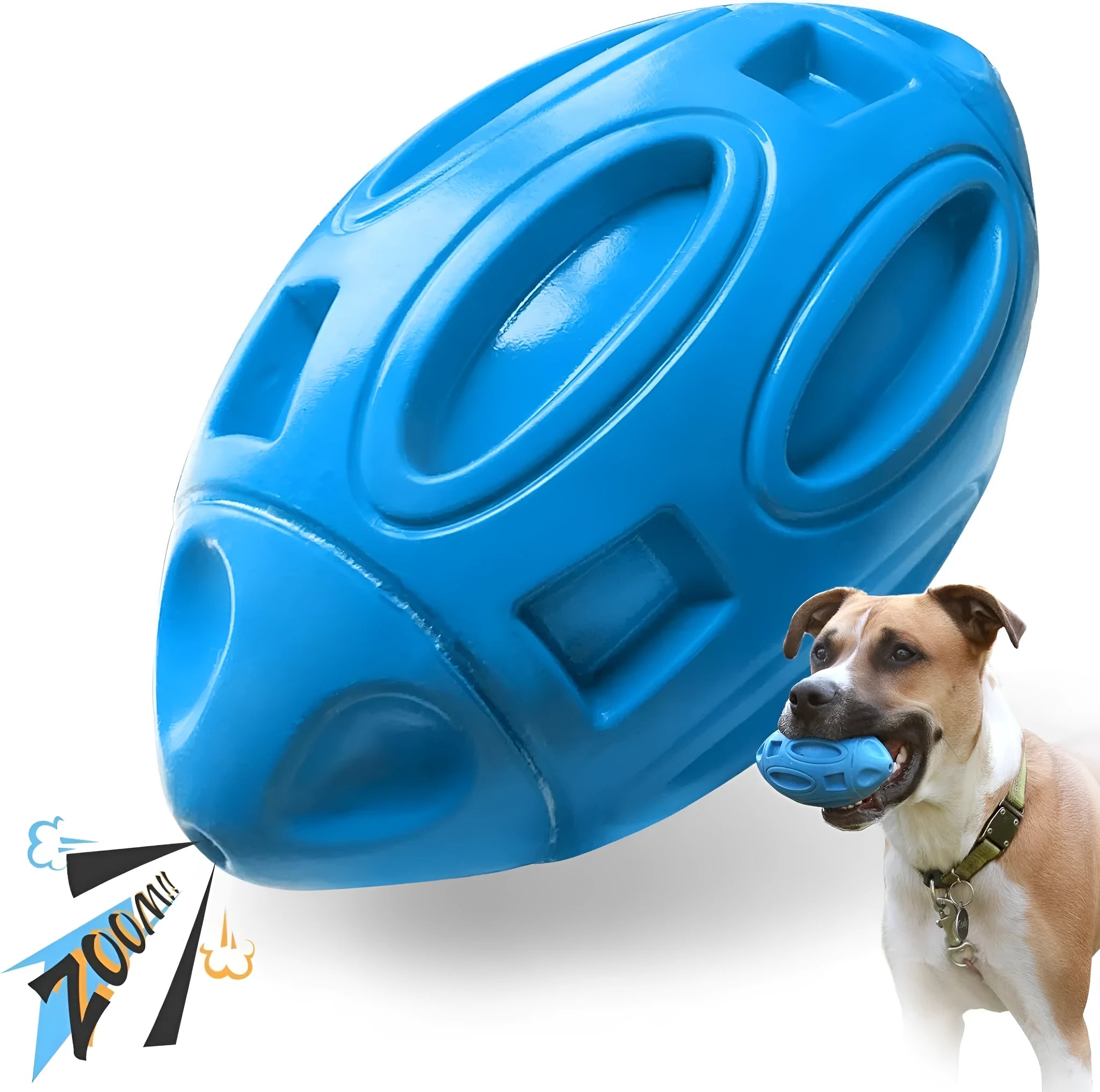 Blue, green, and orange rubber squeaky dog chew ball with grooved surface for medium and large breeds.