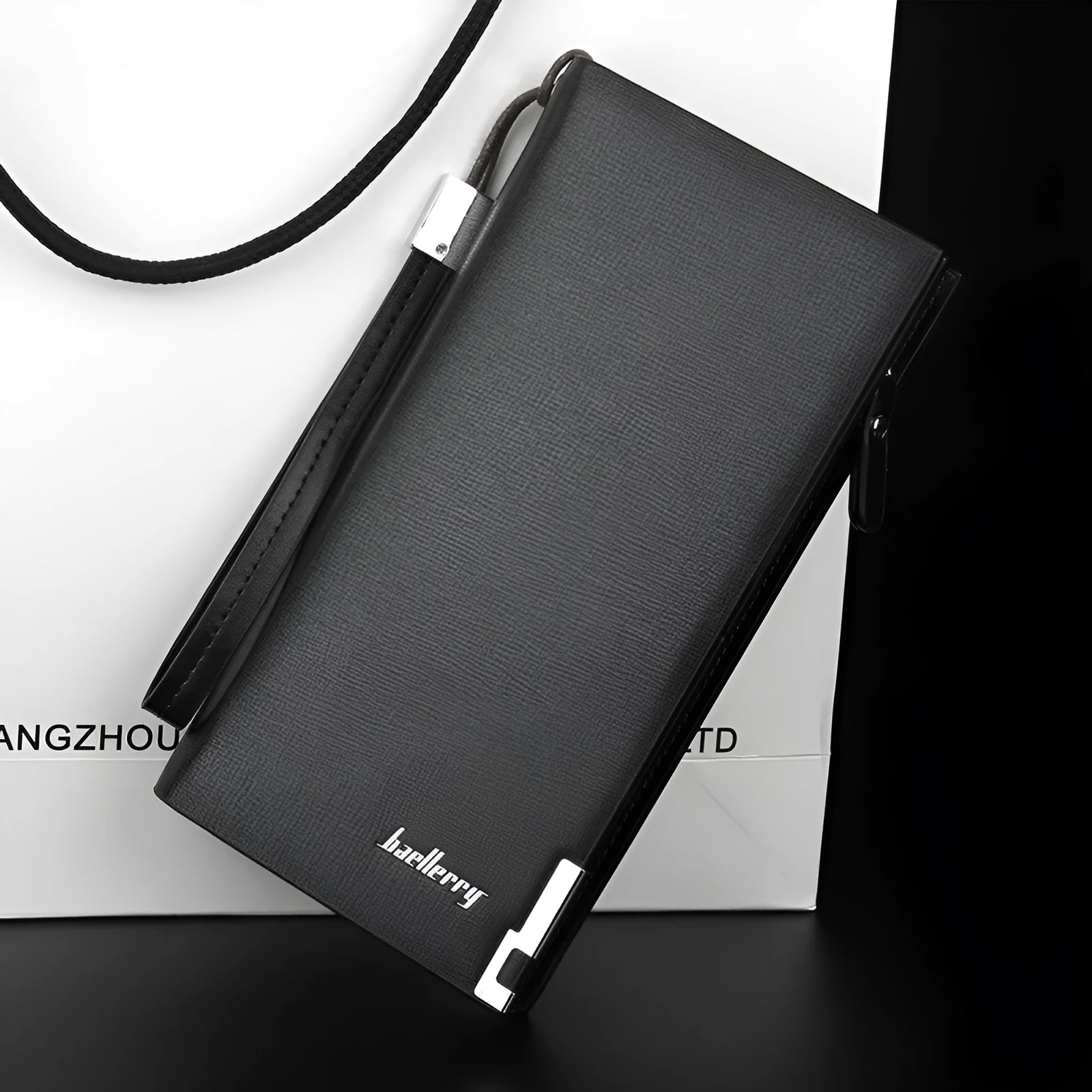 Men's black PU leather wallet with a long silver zipper closure