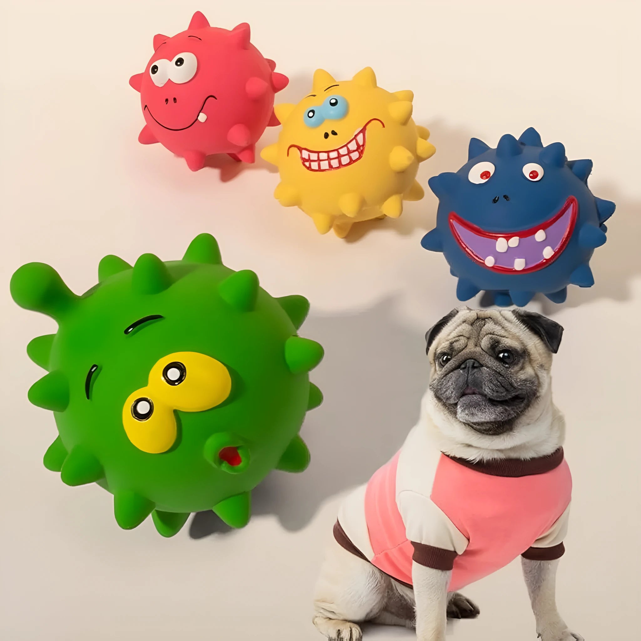 Four coloured squeaky dog balls with cute faces, made from natural latex rubber for safe chewing