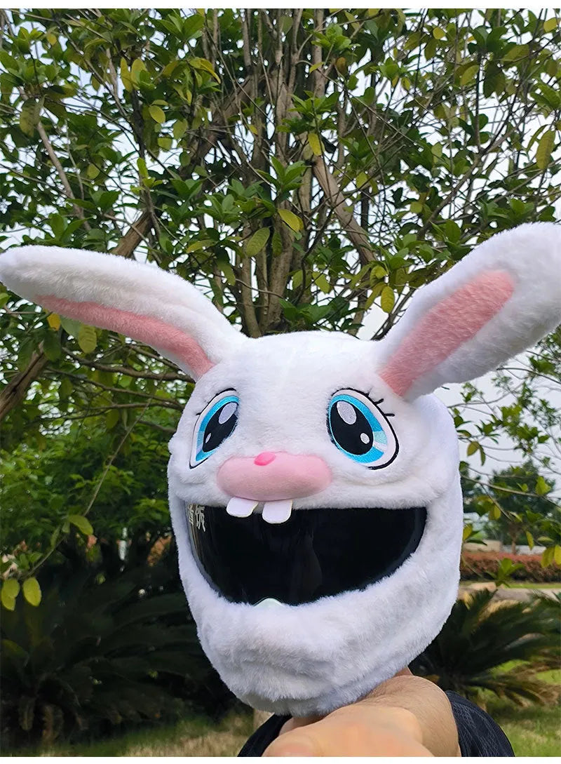 White rabbit head decorative cover for electric motorcycle helmet with long ears and plush PP cotton material