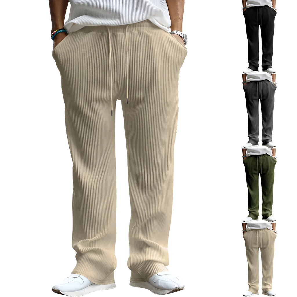 Men's casual loose straight trousers in army green with high waist and striped pattern