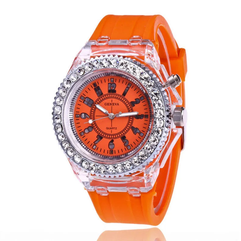 Women's LED luminous quartz watch with round 43mm dial on a silicone strap