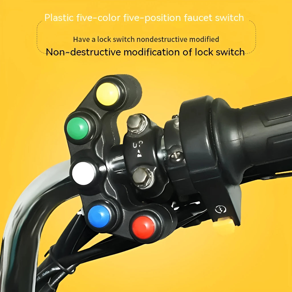 Plastic five-position switch with red, yellow, blue, green, and white buttons for motorcycle electrical modifications.