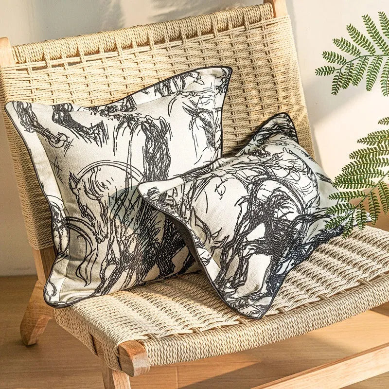 Modern abstract golden horse design jacquard cushion in square and waist pillow sizes